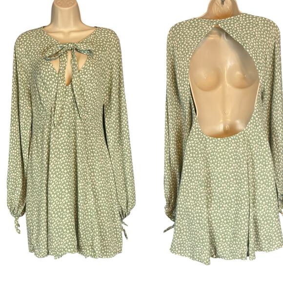 Free People Long Sleeve Backless Mini Dress Green White XS - Picture 1 of 7